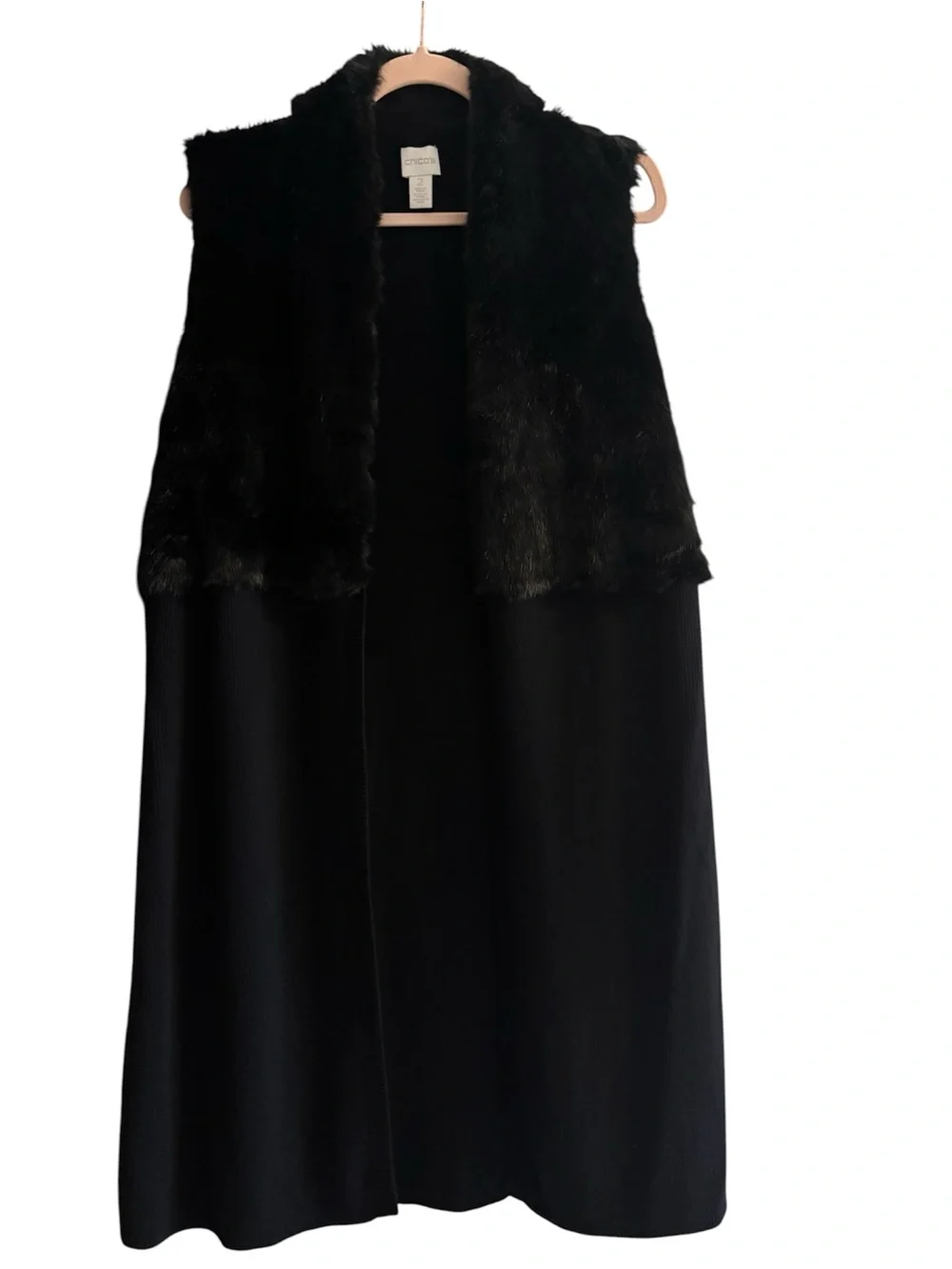 Chico’s Anastasia Black Faux Fur Trim Maxi Skirted Vest Sz 2